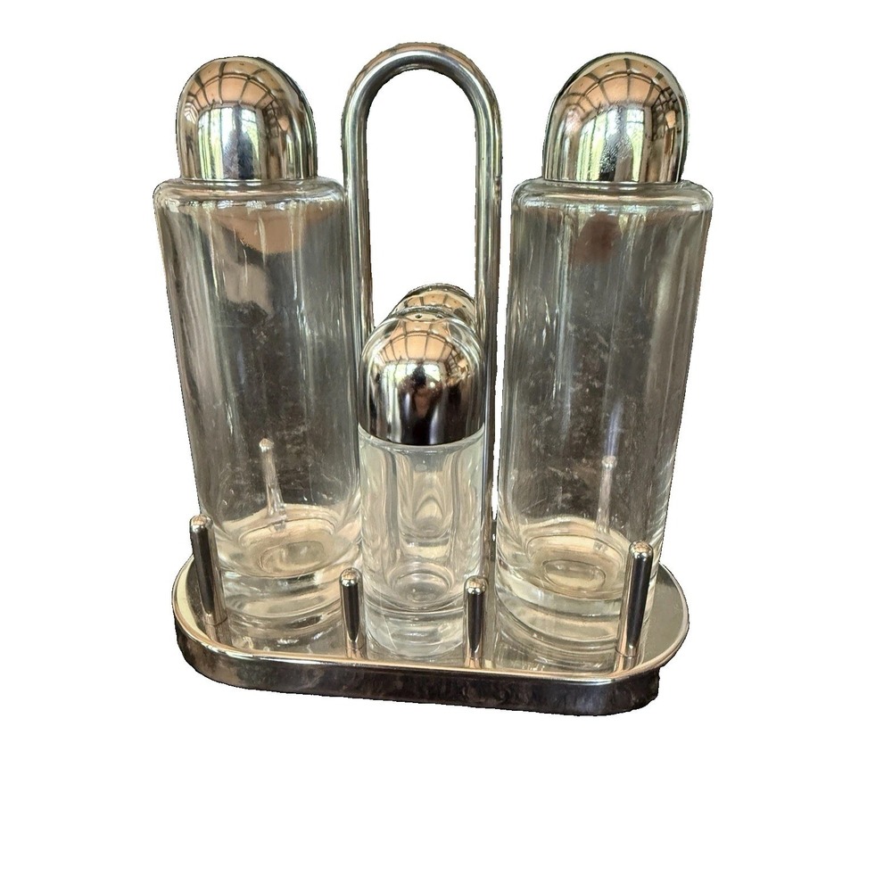 Alessi Italy 5070 Condiment Cruet Set Ettore Sottsass Stainless Steel Glass VTG